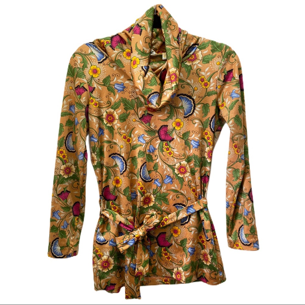 Vintage Asian Floral Cowl Neck Belted Tunic Top S